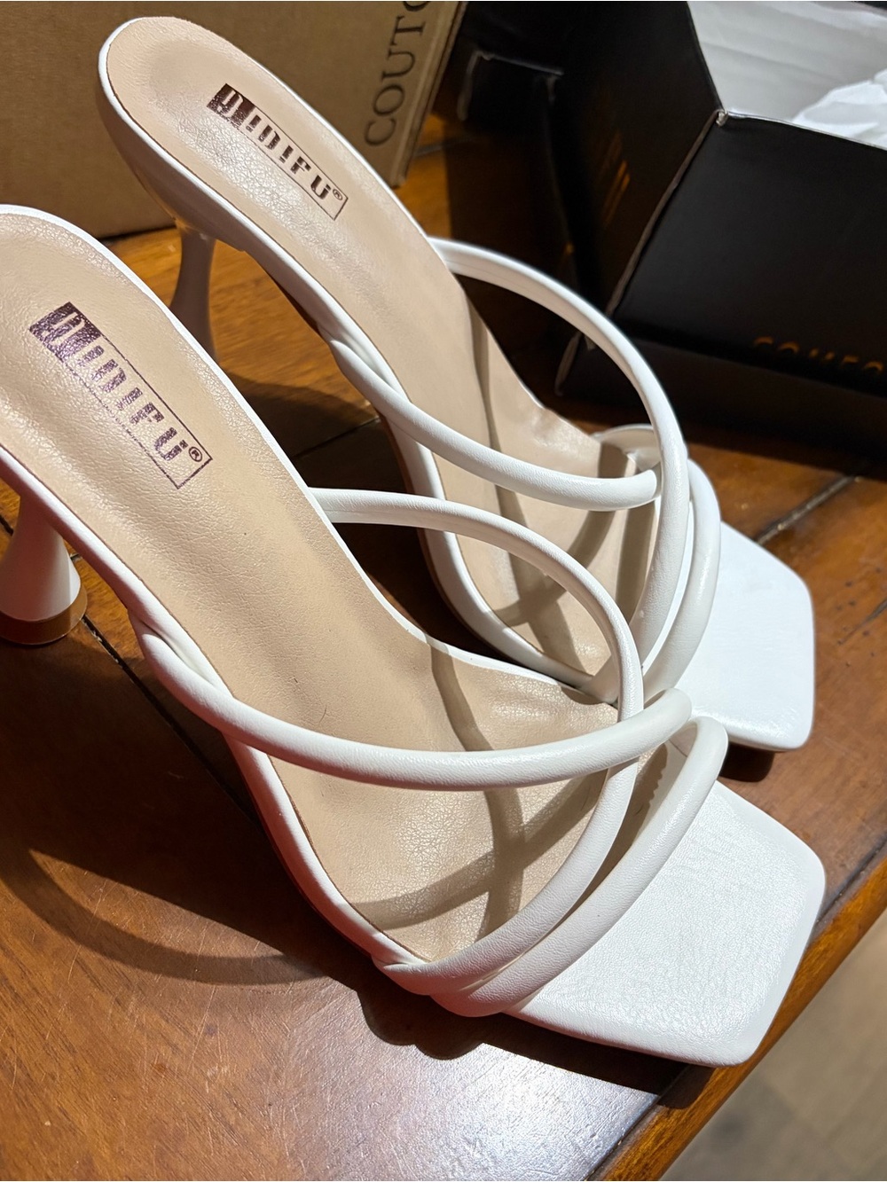IDIFU White Strappy Square-Toe Heeled Mules